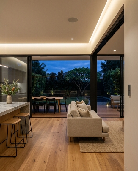 Open-plan living area of a completed Sydney home at dusk, with concealed LED cove lighting and stacking glass doors open to the deck and pool