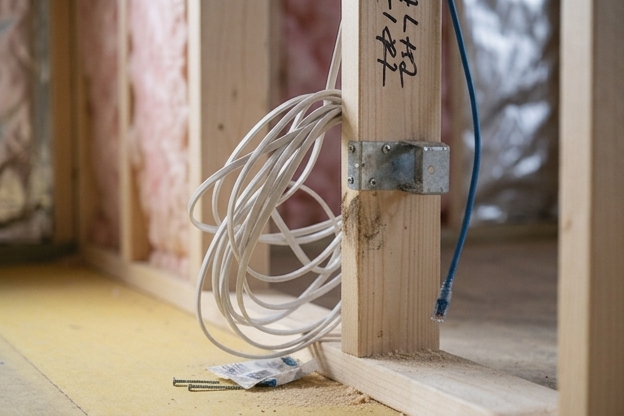 Close-up of electrical rough-in: a galvanised plaster bracket on a pine stud with coiled TPS and Cat6 cable left for fit-off