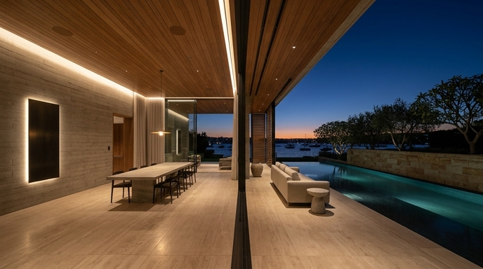 Harbourside Sydney residence at dusk — layered lighting scenes, concealed ceiling audio, motorised sheers and an infinity pool beyond stacking glass doors